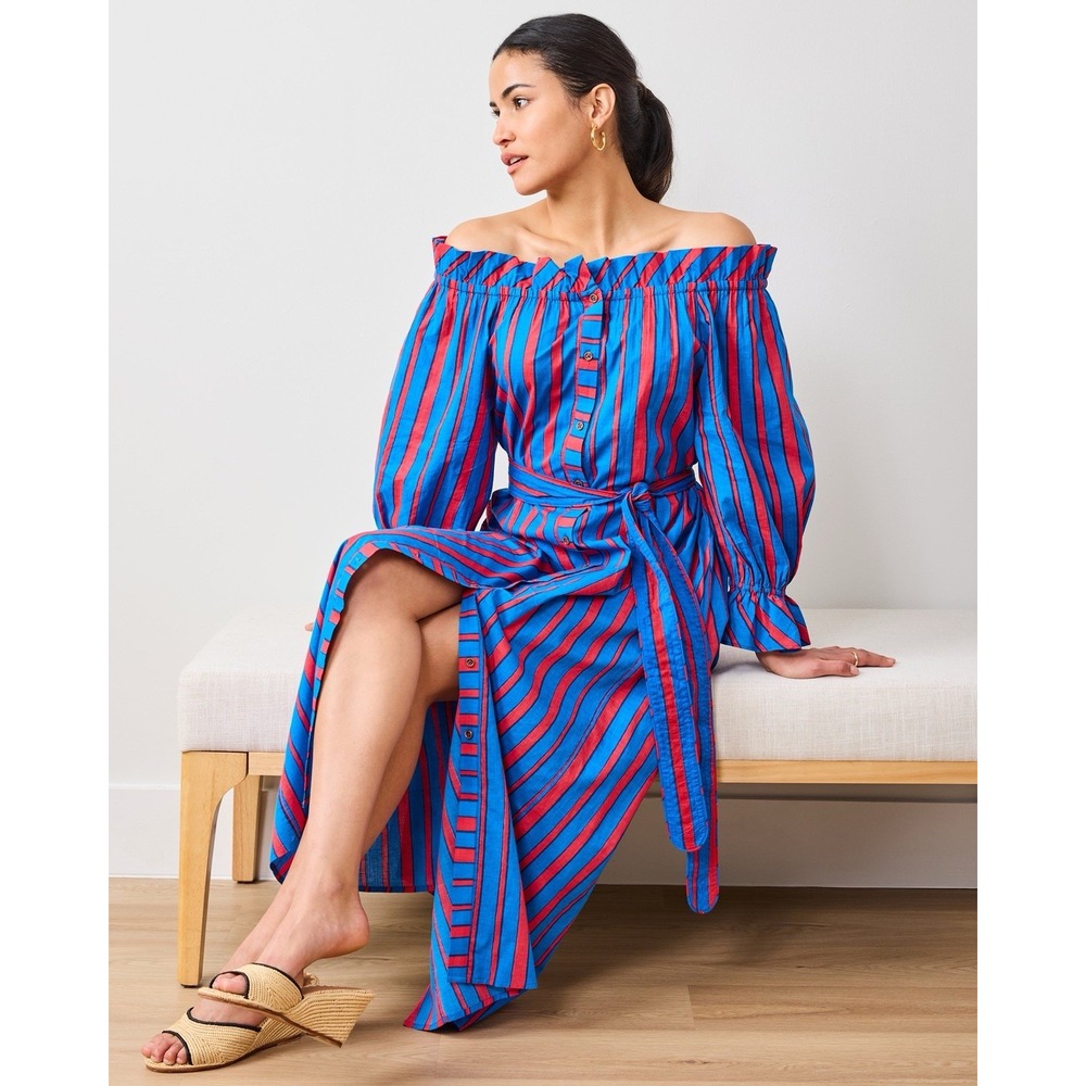 Printfresh Pencil Paper Co. Angelica Dress Small Blue Red Nautical Stripe Midi‎